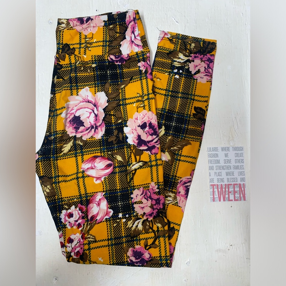 LuLaRoe Mustard Yellow Plaid Leggings with Pink Floral Print